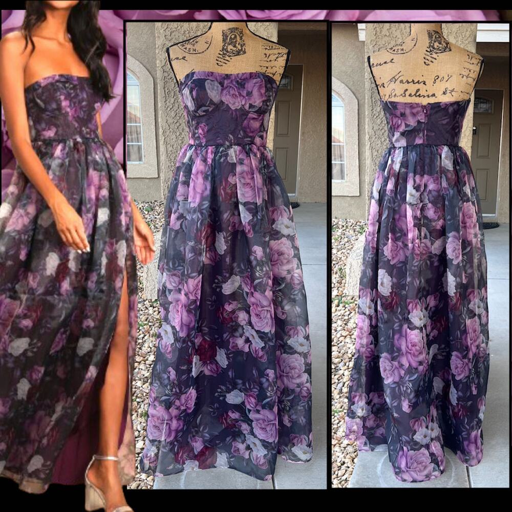 Lulus Strapless Bustier Purple Floral Print Wonderful Waltz Maxi Dress Size M - Picture 15 of 15